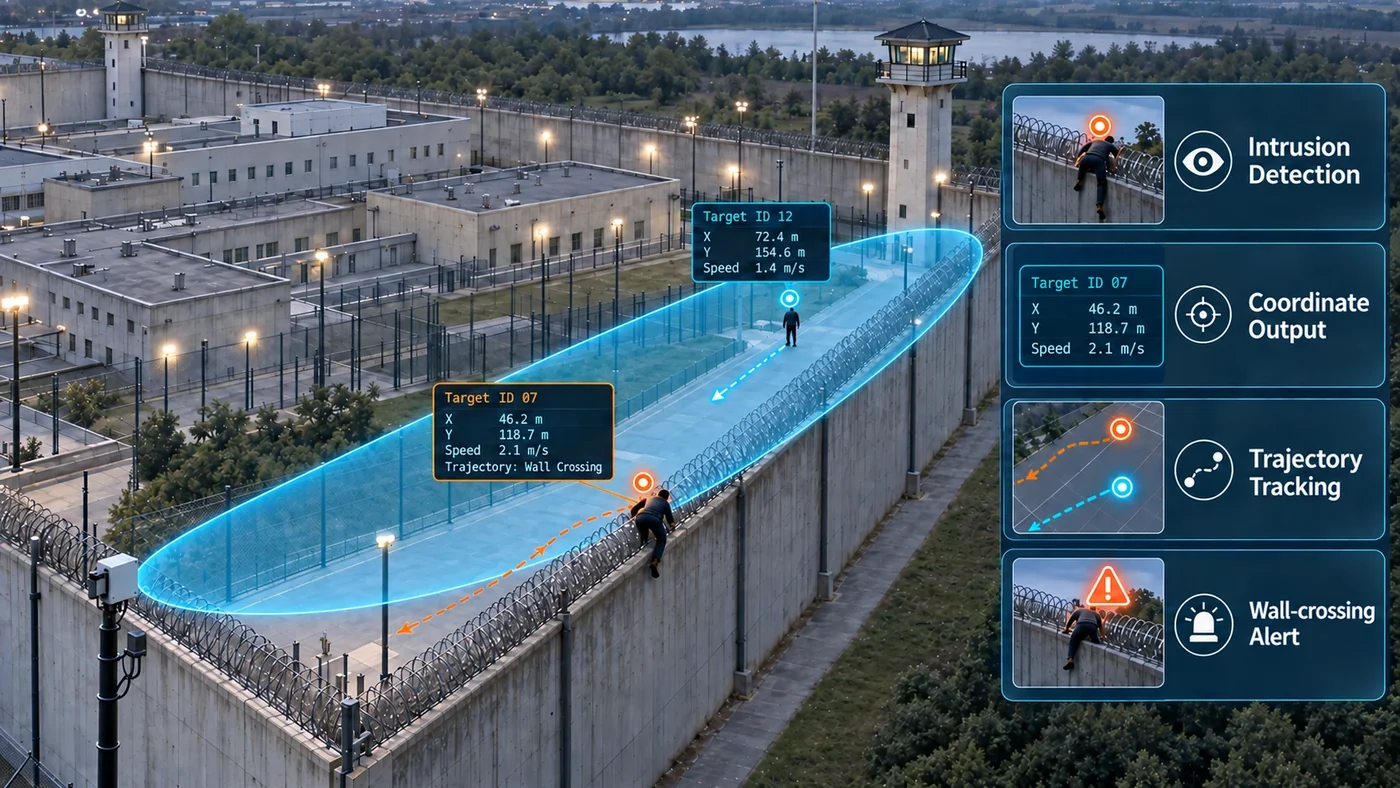 Perimeter security radar detecting and tracking people near a prison wall