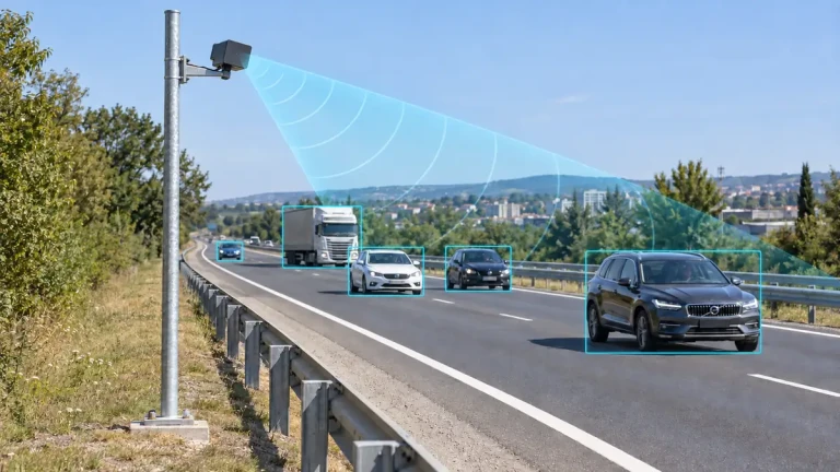 Roadside radar installation illustration showing a detection beam and five vehicles marked with detection boxes