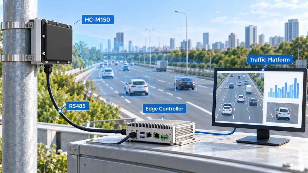 Illustration of an HC-M150 roadside traffic radar connected via RS485 to an edge controller and traffic monitoring platform.