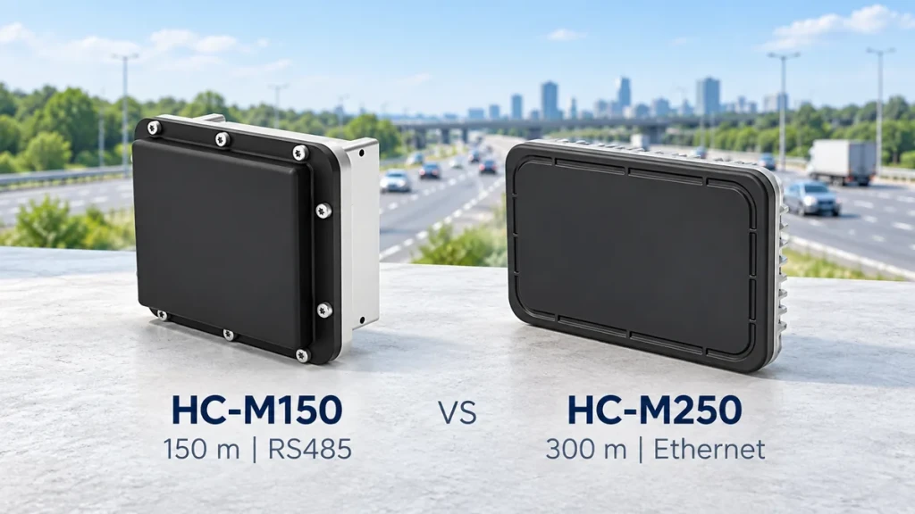Illustrative comparison of HC-M150 traffic radar with 150 m nominal range and RS485, and HC-M250 with up to 300 m range and Ethernet.