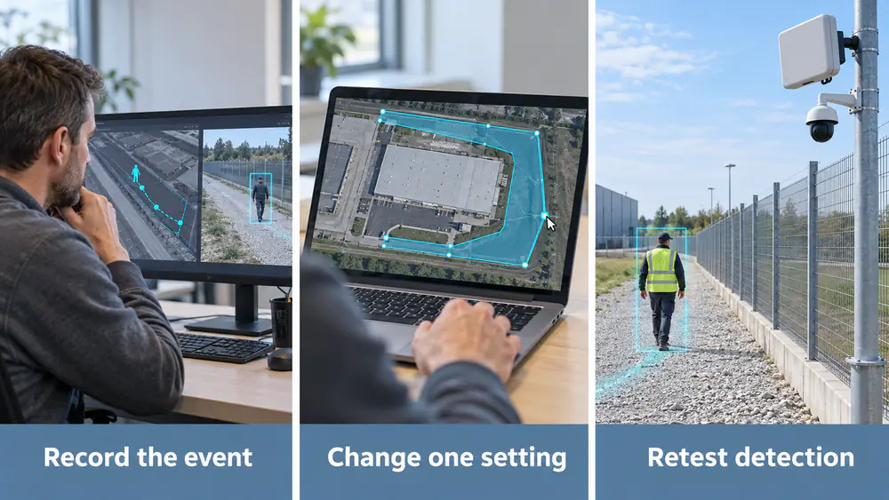 Three-step illustration showing event review, adjustment of one platform setting and an authorised perimeter detection walk test.
