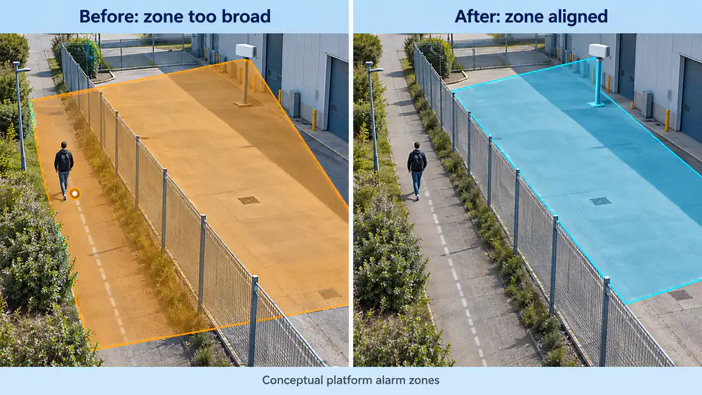 Before-and-after illustration of a platform alarm zone extending onto a public path and then being aligned inside the protected fence.