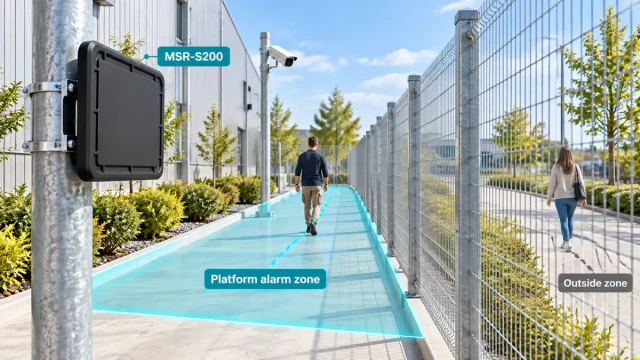 Illustrative MSR-S200 perimeter radar installation with a platform alarm zone inside a fence and a passerby outside the zone.