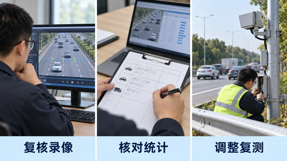 复核道路录像、核对车流量统计记录以及安全路侧调整复测的三步骤示意。