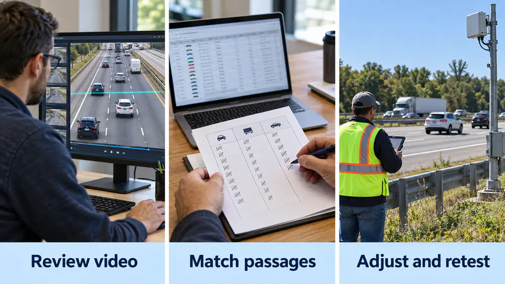 Three-step conceptual workflow showing video review, passage-record comparison and a safe roadside retest.