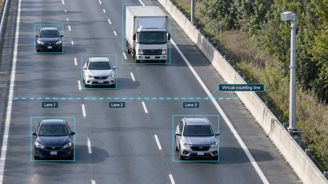 Conceptual roadside radar scene with three traffic lanes and a virtual counting line for vehicle passage checks.